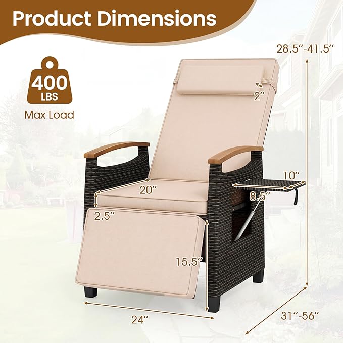 HAPPYGRILL Outdoor Rattan Wicker Chaise Lounge Recliner Chair with Adjustable Backrest & Footrest - Photo 3