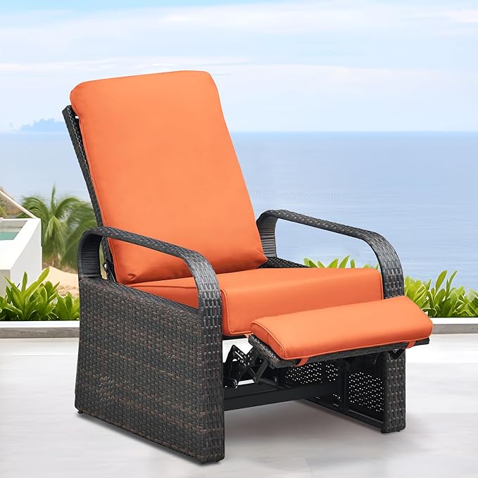 ATR ART TO REAL Outdoor Recliner, Set of 2 Wicker Reclining Chair with Coffee End Side Table, Aluminum Frame Patio Chaise Lounge Chairs with Thicken Cushions (Orange)