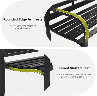 50" Garden Bench Outdoor Bench with American Flag Style, Cast Iron Metal Frame Sturdy Patio Park Bench Arch Legs for Porch,Lawn,Garden,Yard (Black)