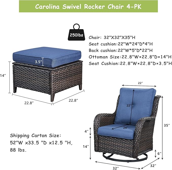 Rilyson Wicker Patio Furniture Set - 4 Piece Rattan Outdoor Sectional Conversation Sets with 2 Swivel Rocking Chairs - Photo 2