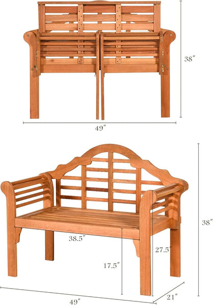 RELAX4LIFE Wooden Outdoor Bench Folding, 4 Ft Foldable Patio Loveseat Chair w/Crown-Like Backrest & Armrest, Indoor Outside Seating for Porch Park, 800LBS Weight Capacity, 2-Person Wood Garden Bench