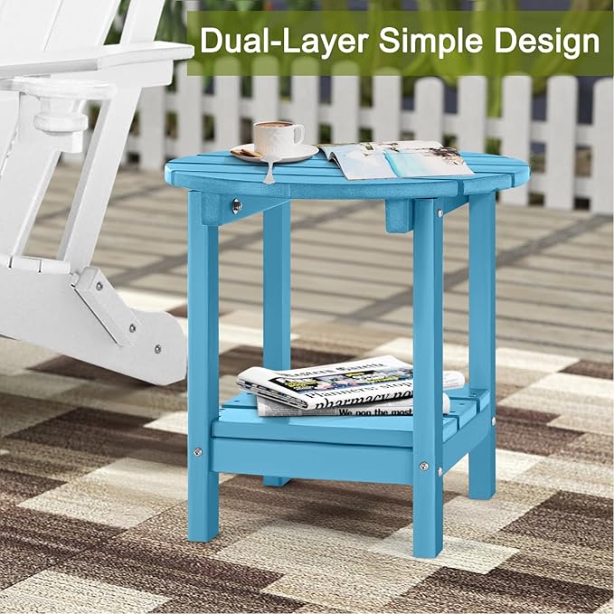 Adirondack Outdoor Side Tables, 2-Tier Round Outdoor Table, Weather Resistant HDPE Patio End Table for Garden, Lawn, Pool, Beach, Porch, Deck, Backyard - Turquoise