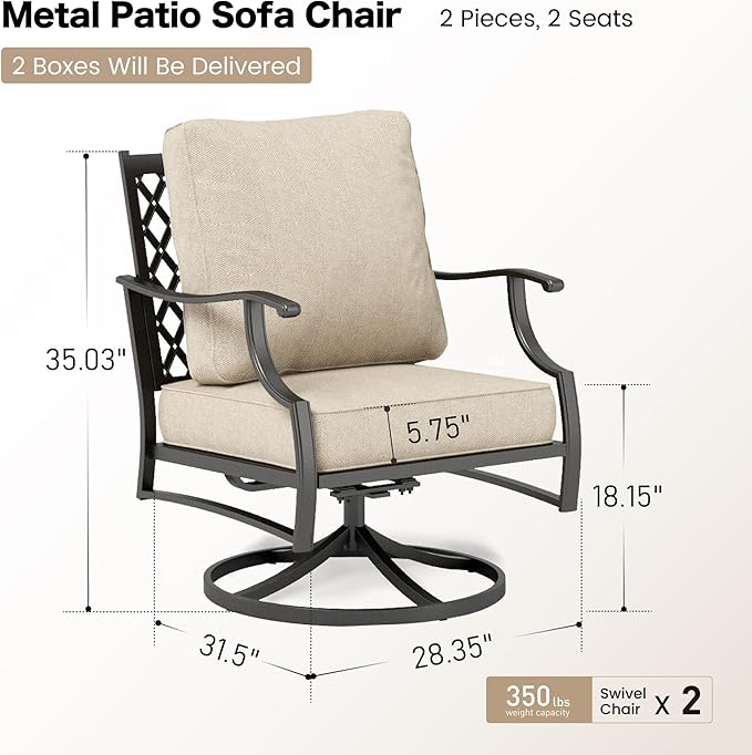 Metal Frame Outdoor Patio Swivel Chairs Set of 2 with 5.75" Extra Thick Cushion, 2 Piece High Back Swivel Patio Chairs Outdoor Furniture Seating for Deck Balcony Front Porch, Beige