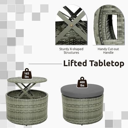 Tangkula Patio Round Daybed with Retractable Canopy, Outdoor Wicker Rattan Furniture Set, Sectional Cushioned Sofa Set with Height Adjustable Coffee Table, Rattan Conversation Set (Grey)