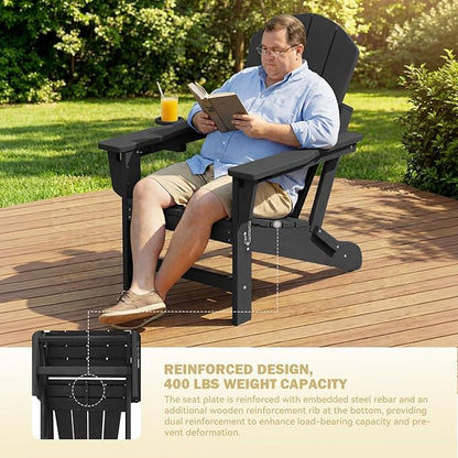 Mdeam 3-Position Adjustable Adirondack Chair, 400LBS Capacity, Cup Holder, Wooden Textured, All-Weather HDPE Folding Fire Pit Outdoor Chairs for Poolside Deck Patio Garden Yard Lawn Campfire - Black