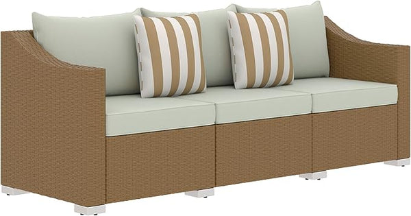 Outsunny 3 Seater Patio Sofa, Wicker Sofa with Cushions, Outdoor Furniture Rattan Couch with 2 Throw Pillows - Photo 1
