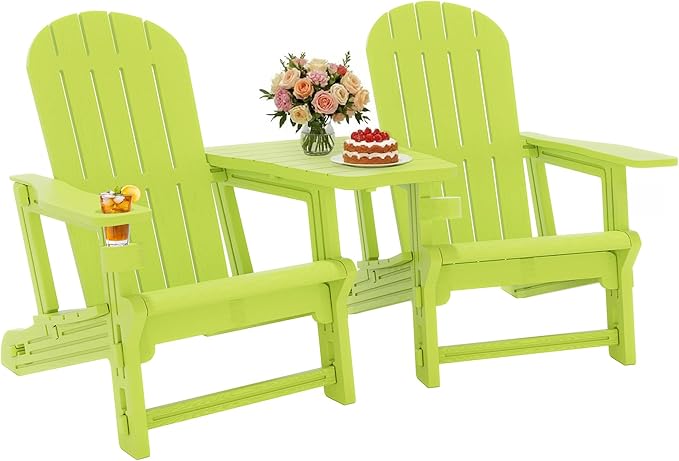 JY QAQA Outdoor Adirondack Chair Set of 2, All-Weather HDPE Patio Furniture with Detachable Table, Wood Texture & Cup Holder for Patio, Poolside, Garden, Green