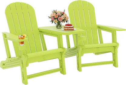 JY QAQA Outdoor Adirondack Chair Set of 2, All-Weather HDPE Patio Furniture with Detachable Table, Wood Texture & Cup Holder for Patio, Poolside, Garden, Green