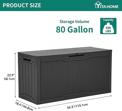 YITAHOME 80 Gallon Outdoor Storage Box, Large Water Resistant Resin Deck Box, Indoor Outdoor Lockable Rattan Storage Container for Patio, Garden, Cushions, Tools, Equipment (Dark Gray)