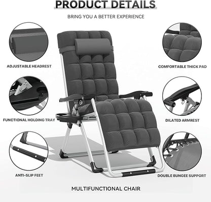 Zero Gravity Chair, Portable Outdoor Chair, Reclining Patio Lounge Chair with Adjustable Pillow and Cup Holder Trays for Outdoor, Patio, Beach, Camping, Garden, Poolside, Gray