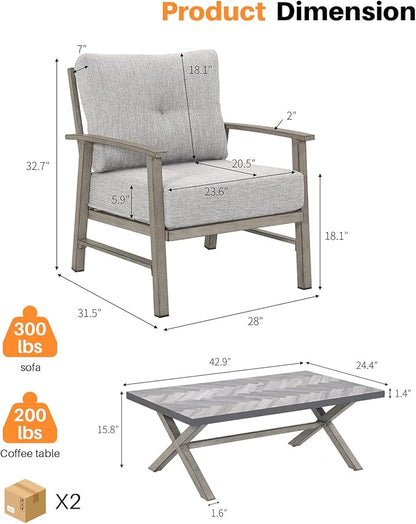 Aluminum Patio Furniture Set, 3 Pieces Outdoor Patio Bistro Set with Washable Thick Cushions, All Weather Outdoor Conversation Sets with Coffee Table for Backyard, Balcony, Lawn, Limed Oak