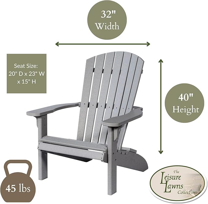 Leisure Lawns Poly Plastic Fanback Adirondack Chair, Outdoor Patio Chair - Amish Made in USA (Gray)