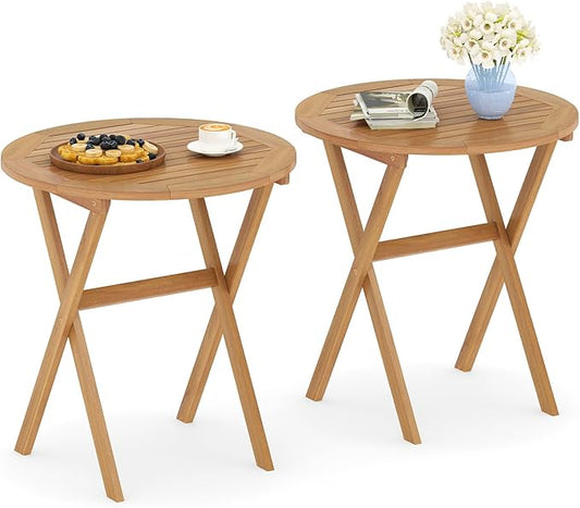 Tangkula 26-Inch Acacia Wood Outdoor Dining Table Set of 2, Folding Patio Round Dining Table with Slatted Tabletop & X-Shaped Frame, for Porch, Garden, Backyard, Poolside (2)