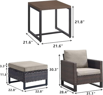 Rilyson Wicker Outdoor Patio Furniture Set - 5 Piece Patio Conversation Set with 2 Wicker Armrest Chairs,2 Rattan Ottoman and 1 Metal Side Table for Outside Porch Deck Backyard Garden(Brown/Grey)