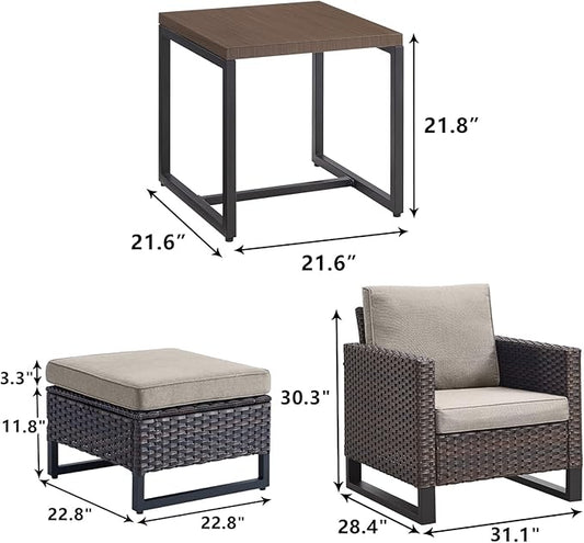 Rilyson Wicker Outdoor Patio Furniture Set - 5 Piece Patio Conversation Set with 2 Wicker Armrest Chairs,2 Rattan Ottoman and 1 Metal Side Table for Outside Porch Deck Backyard Garden(Brown/Grey)