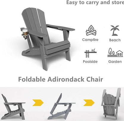 GLANC Folding Adirondack Chair Set of 2, HDPE All-Weather Outdoor Patio Fire Pit Chairs Lawn Chair for Poolside Backyard Deck Balcony, Wooden Textured with Cup Holder, 380LBS Capacity (Grey)