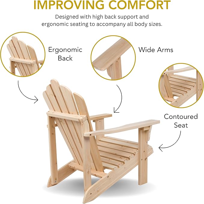 Shine Company Westport Wooden Adirondack Chair, Outdoor Patio Firepit Chairs, Back & Seat Pre-Assembled, Natural - Photo 4