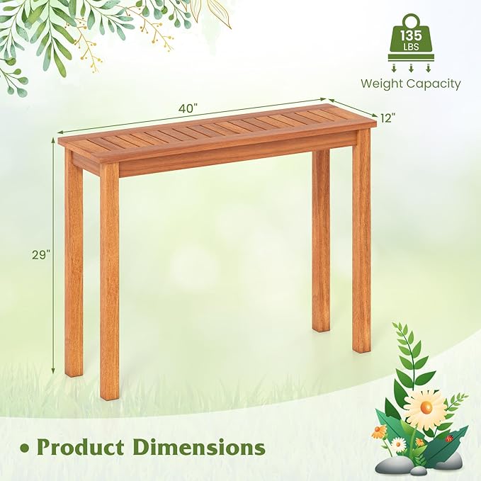 Tangkula Narrow Outdoor Dining Table, Solid Wood Furniture Patio Console Table with Slatted Tabletop - Photo 3