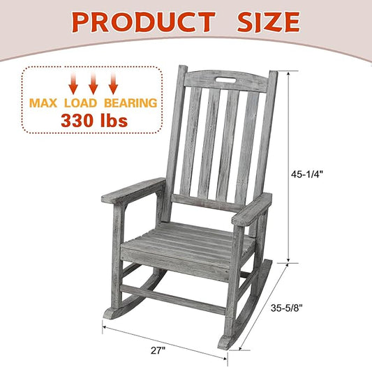 Wooden Rocking Chair Outdoor, Ergonomic High Back Patio Rocking Chairs, Porch Rocker for Backyard/Lawn/Patio/Garden/Balcony/FirePit/Indoor (Light Gray-1)