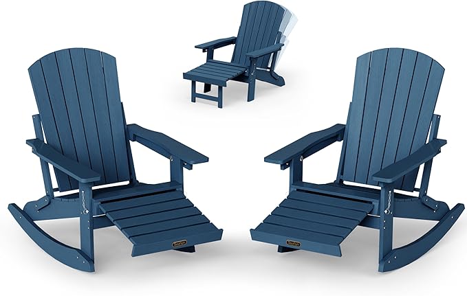 Adirondack Rocking Chair with Retractable Ottoman Set of 2, 4-in-1 Foldable Reclining Patio Chair, HDPE Wood-Look Outdoor Rocker for Porch, Garden & Poolside, Navy Blue