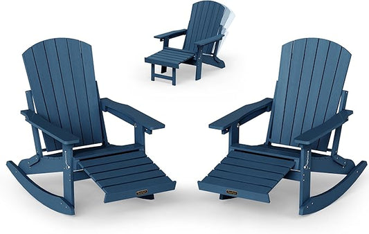 Adirondack Rocking Chair with Retractable Ottoman Set of 2, 4-in-1 Foldable Reclining Patio Chair, HDPE Wood-Look Outdoor Rocker for Porch, Garden & Poolside, Navy Blue
