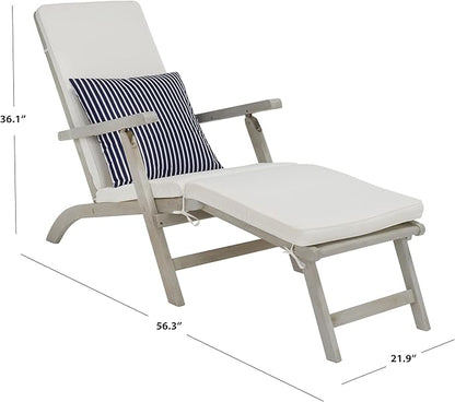 SAFAVIEH Outdoor Collection Palmdale Grey Solid Wood/Beige Cushion with Striped Pillow Chaise Lounge Chair (PAT7015F)