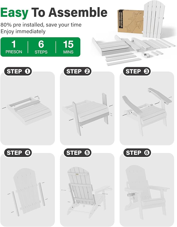 YEFU Adirondack Chair with Retractable Ottoman: Folding Adirondack Chairs Set of 2-5-Level Adjustable Backrest with Footrest - Fire Pit Chairs - Cup Holder - Outdoor Plastic Chair for Patio