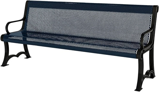 COATEDOUTDOORFURNITURE Coated Outdoor Furniture Heavy-Duty Outdoor Bench Thermoplastic Coated, Punched Steel, Commercial-Grade Garden Bench, Made in America (Portable with Back, 4 Ft, Dark Blue)