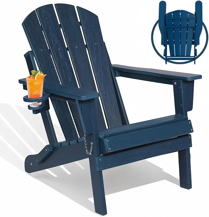 Folding Adirondack Chairs, Plastic Outdoor Patio Chairs with Cup Holder, Wood-Textured with Large Seat for Poolside Backyard Lawn, Blue
