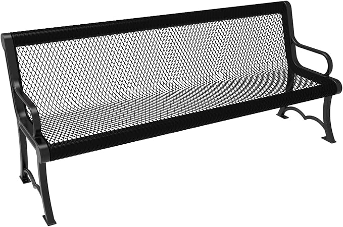 COATEDOUTDOORFURNITURE Heavy-Duty Outdoor Bench Thermoplastic Coated, Expanded Metal, Commercial-Grade Garden Bench, Made in America (Portable with Back, 6 Ft, Textured Black)