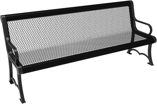 COATEDOUTDOORFURNITURE Heavy-Duty Outdoor Bench Thermoplastic Coated, Expanded Metal, Commercial-Grade Garden Bench, Made in America (Portable with Back, 6 Ft, Textured Black)