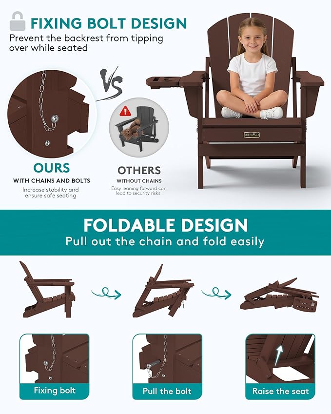 SERWALL Folding Adirondack Chair Set of 2, HIPS Adirondack Chairs with 4 in 1 Cup Holder - Photo 5