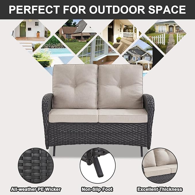 Belord Outdoor Glider Bench Patio Loveseat - 500 Lbs Weight Capacity 2 Seater Wicker Sofa, Small Porch Glider Furniture All Weather Rattan Couch with Removble Cushion for Balcony Deck Backyard, Black