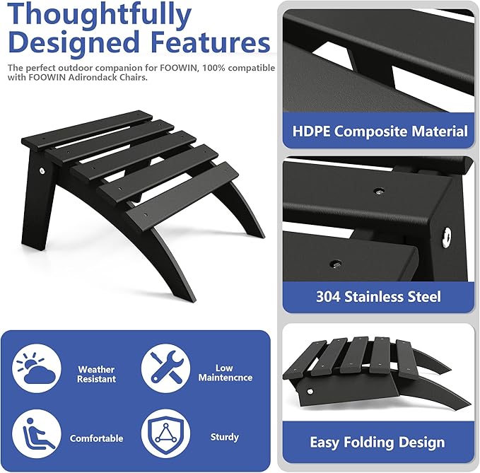FOOWIN Folding Adirondack Ottoman, HDPE All Weather Adirondack Footrests, Ottoman for Adirondack Chair,Patio Footstool for Outside Easy Storage,for Patio, Backyard, Porch, Garden, Black