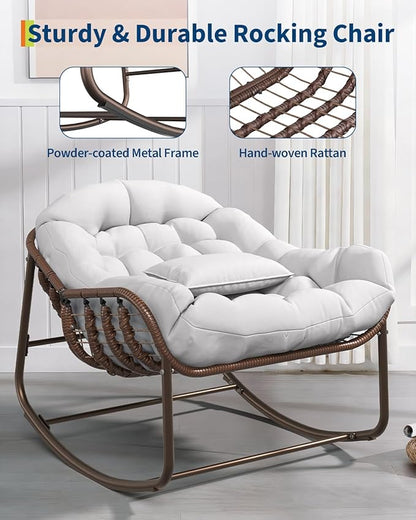 GarveeLife Outdoor Papasan Rocking Chair, Oversized Wicker Lounge Chair with Cushion and Metal Frame, Patio Rattan Egg Rocker for Balcony Backyard Porch Bedroom, White