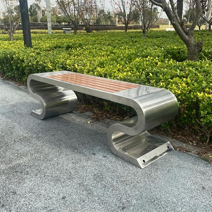LITFAD Outdoor Indoor Bench Stainless Steel Metal Park Bench with Waterproof Brown Wood Seating Modern Garden Bench for Patio, Lawn, Yard, Porch - Type D 79" L x 16" W x 18" H