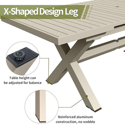 TWT Aluminum Outdoor Dining Table for 8, 62.8" - 82.5" Extendable Patio Dining Table with Umbrella Hole on Top with X-Shaped Frame Easy to Assemble for Backyard Garden Yard Porch Deck, Milk Coffee