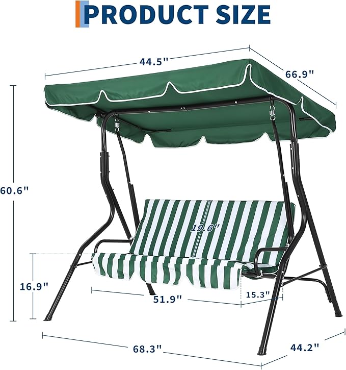 GarveeLife Outdoor Porch Swing Chair with Adjustable Canopy for Adults, 3-Seat Patio Glider Bench with Thick Cushions - Photo 5