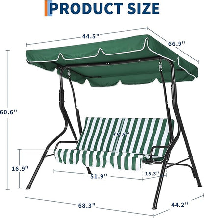 GarveeLife Outdoor Porch Swing Chair with Adjustable Canopy for Adults, 3-Seat Patio Glider Bench with Thick Cushions, Steel Frame Outdoor Swing Chair for Backyard Lawn Garden