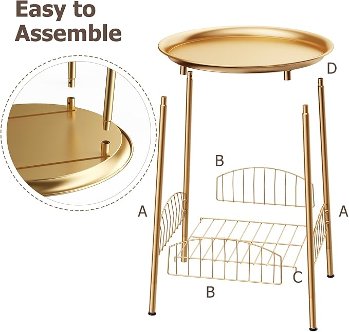 Small Outdoor Side Table, 2-Tier Round Metal Patio Table, Accent Table Waterproof, Weather Resistant End Table for Yard Porch Pool Balcony Garden Bedside (Gold)