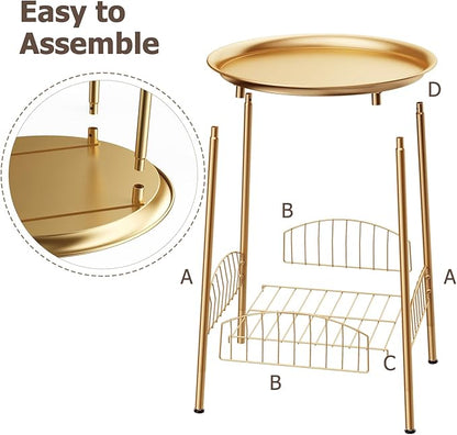 Small Outdoor Side Table, 2-Tier Round Metal Patio Table, Accent Table Waterproof, Weather Resistant End Table for Yard Porch Pool Balcony Garden Bedside (Gold)