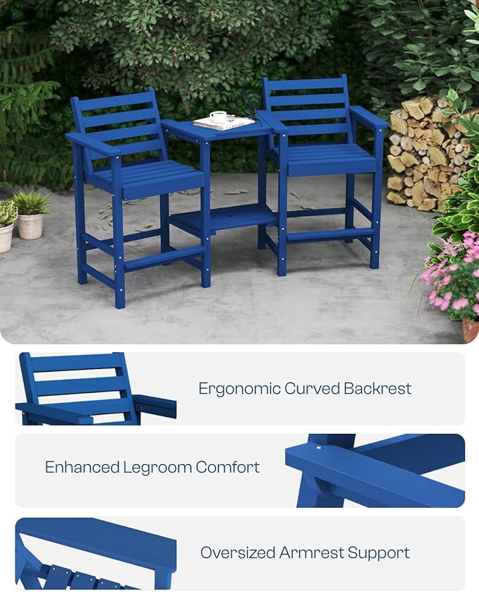 Tall HDPE Adirondack Bar Chairs Set of 2, Outdoor Balcony Bar-Height Chairs with Extra-Large Side Trays & 2" Umbrella Hole, All-Weather Patio Stools for Porch, Deck, Garden (Navy Blue, 2chair)
