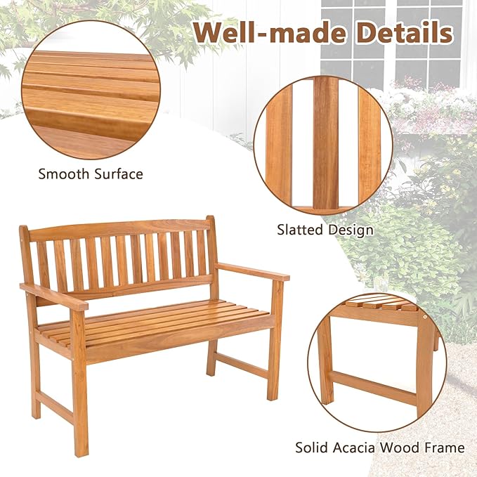 Giantex 2-Person Outdoor Bench, Acacia Wood Patio Bench w/Ergonomic Backrest, Comfortable Armrests & Curved Seat, Garden Bench for Backyard, Patio, Deck, Porch, 800 Lbs Weight Capacity, Natural