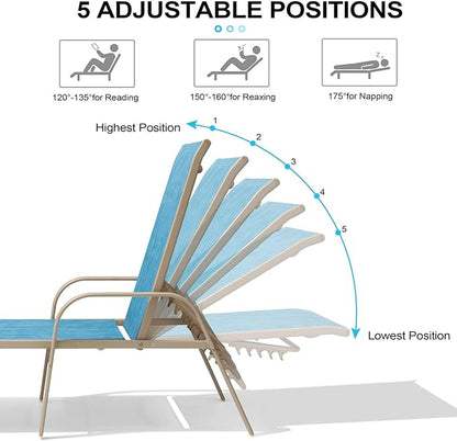 Crestlive Products Chaise Lounge Chair Outdoor with Armrests, Pool Lounge Chairs Set of 2, Aluminum Adjustable 5 Positions Sun Tanning Lounger for Patio, Poolside, Yard, Deck, Backyard (Blue)