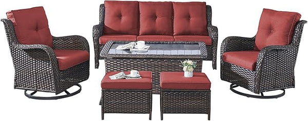 Rilyson Wicker Patio Furniture Set - 6 Piece Rattan Outdoor Sectional Conversation Sets with 2 Rocking Chair, 2 Ottoman - Photo 1