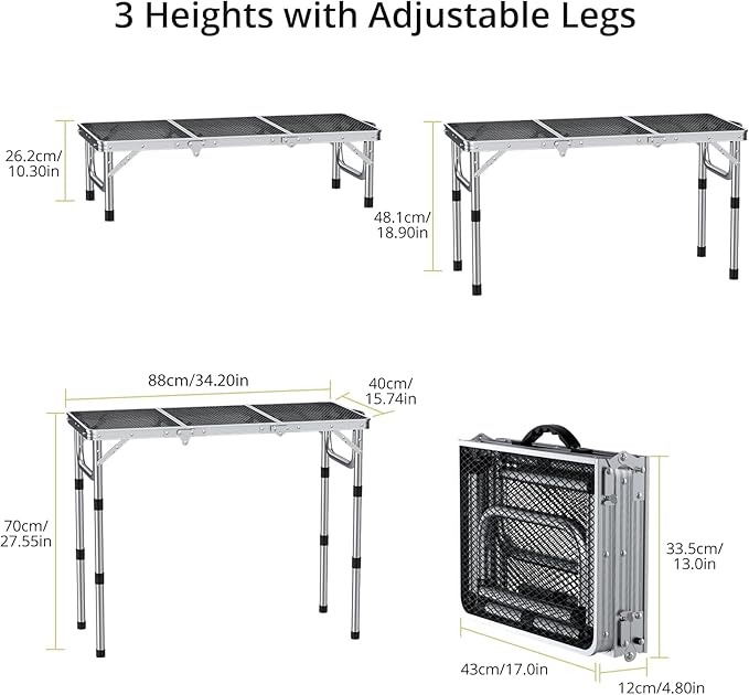 Anbte 3ft Folding Grill Table with Storage Bag, 3 Adjustable Height 27.5" Aluminum Portable Grill Table, Heat Resistant - Photo 3