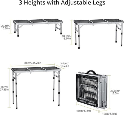 Anbte 3ft Folding Grill Table with Storage Bag, 3 Adjustable Height 27.5" Aluminum Portable Grill Table, Heat Resistant, Lightweight, Portable Handle for BBQ Cooking Camping Travel, 35" X 16", Silver