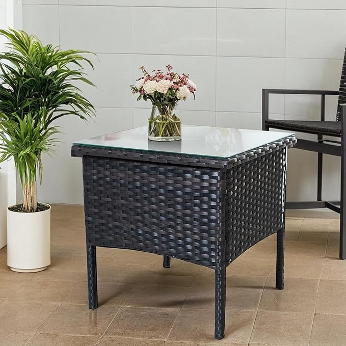Outdoor Patio Wicker Table, Rattan Side Table, Modern Patio End Side Table with Glass Countertop and Storage Space - Photo 1