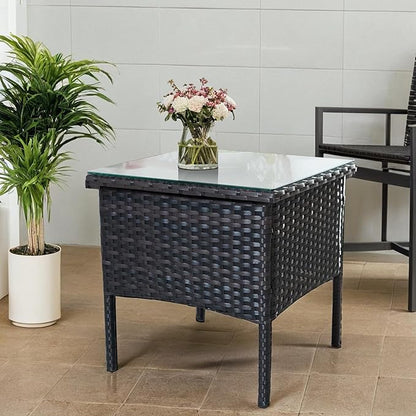 Outdoor Patio Wicker Table,Rattan Side Table,Modern Patio End Side Table with Glass Countertop and Storage Space,for Porch Garden Balcony