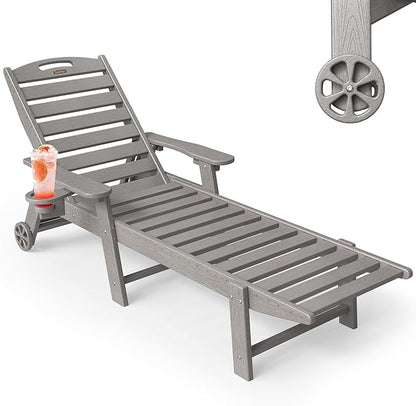 Chaise Lounge Outdoor, Lounge Chair Outdoor with Wood Texture, Adjustable 5-Position Backrest, HDPE Lounge Chair with Wheels & Cup Holder for Pool Deck Backyard, Light Grey